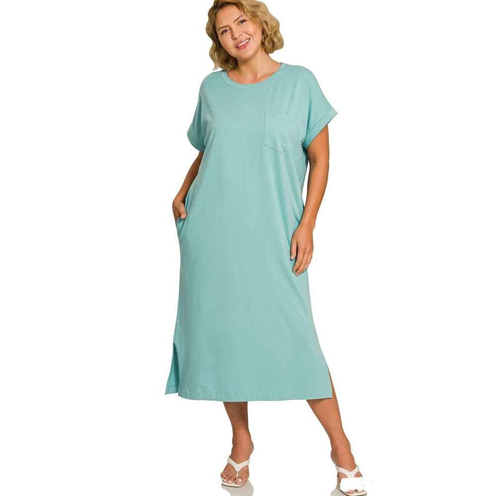 ZENANA WOMEN'S DUSTY TEAL ROUND NECK SHORT SLEEVE MIDI DRESS NEW